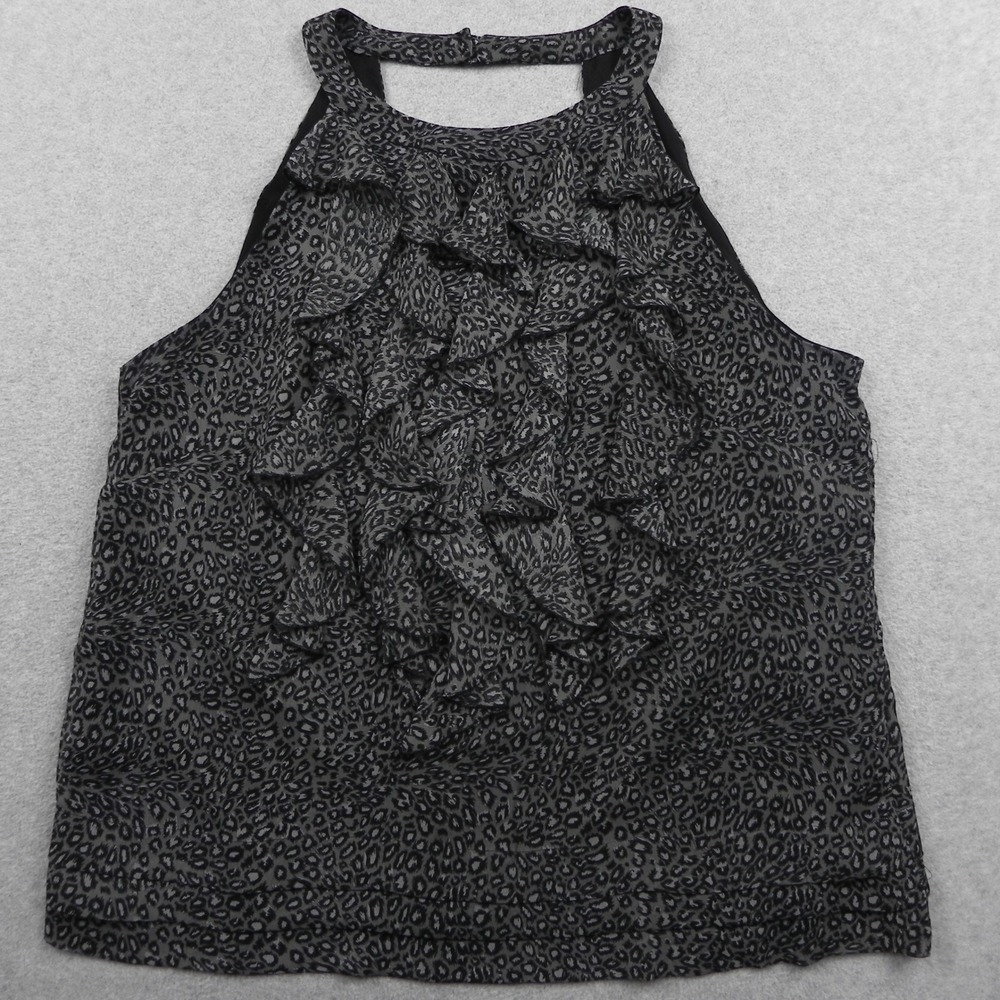 ECI New York Halter Top Womens 12 Grey Black Leopard Animal Print Ruffle Blouse